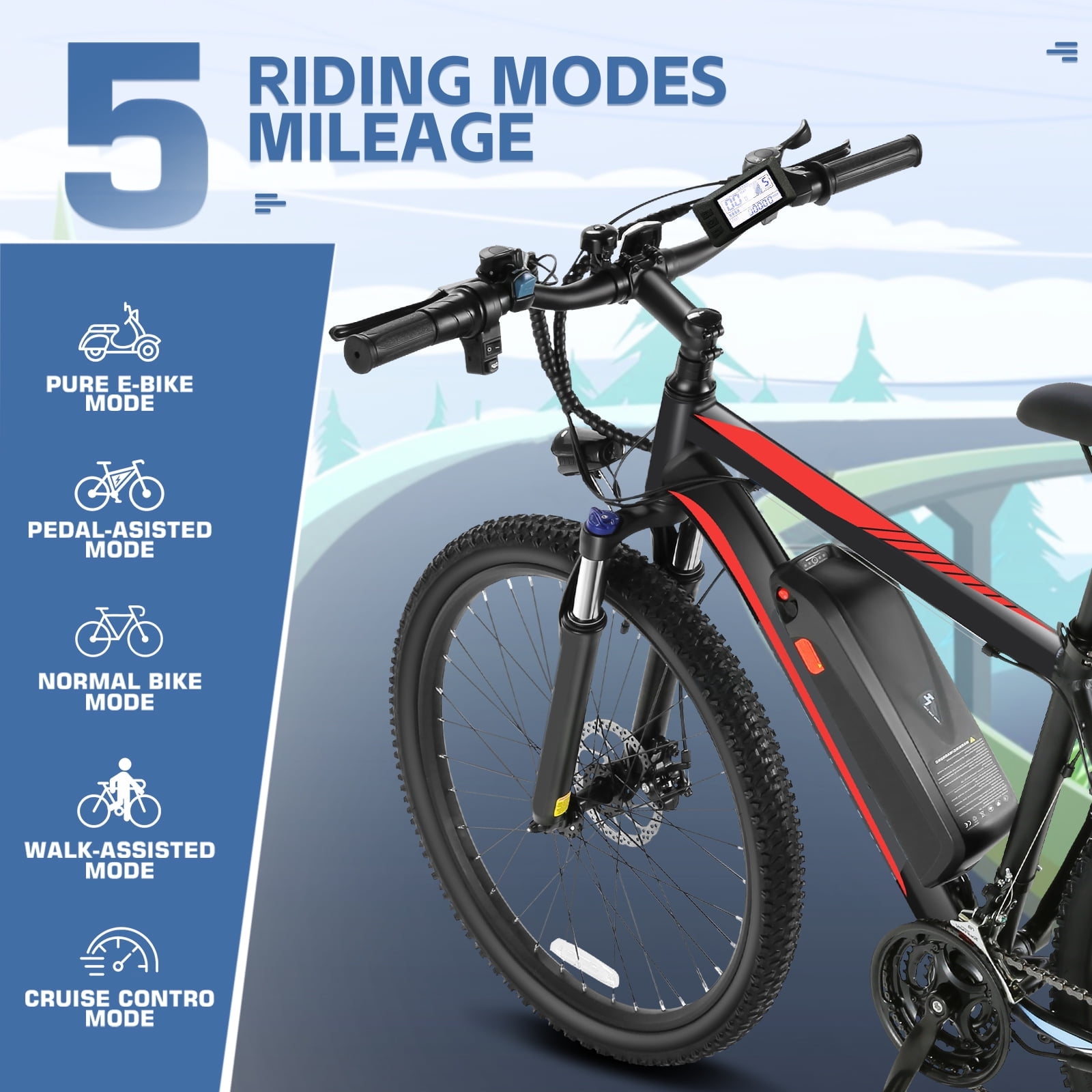 Elifine 500W Electric Bike 26" Electric Bike for Adults, 20mph Electric Mountain Bicycle, 48V Removable Battery Commuter Ebike, Adjustable 21-Speed Gears, Aluminum Alloy Frame UL 2849 Certified Red
