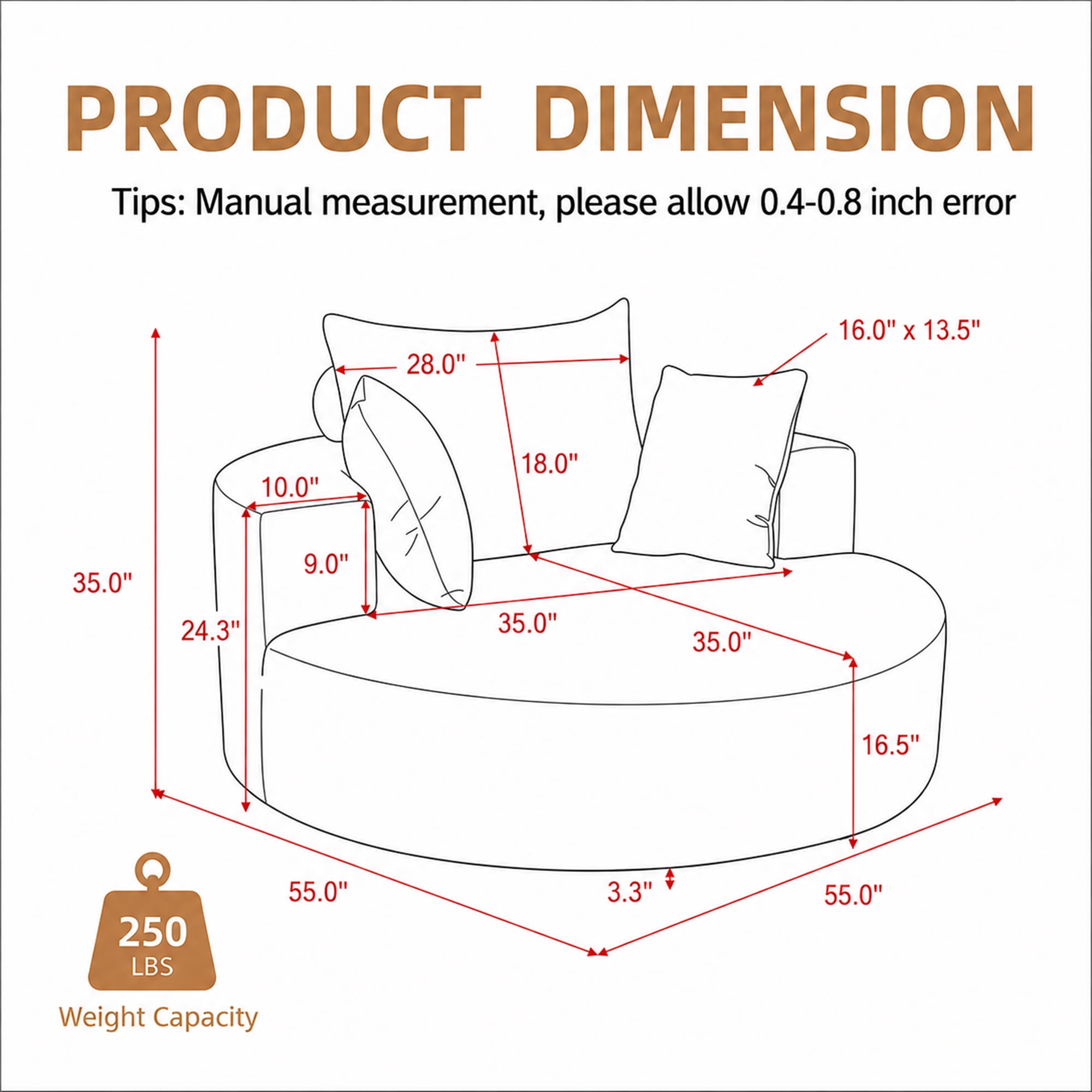 Aukfa 55" Oversized Round Chaise Lounge Chair, Chenille Lounge Sofa with 3 Pillows & Wide Armrests,Gray