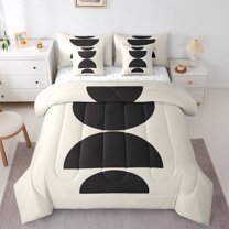 Manfei Geometric Circle 7-Piece Bedding Comforter Set,Abstract Aestheric Artwork King Bedding Sets,Beige Black Bed Sheets For Teens,Ultra Soft Home Decor Reversible
