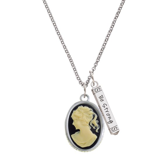 Delight Jewelry Silvertone Oval - Black Cameo - Silvertone Be Strong and Courageous Bar Charm Necklace, 23"