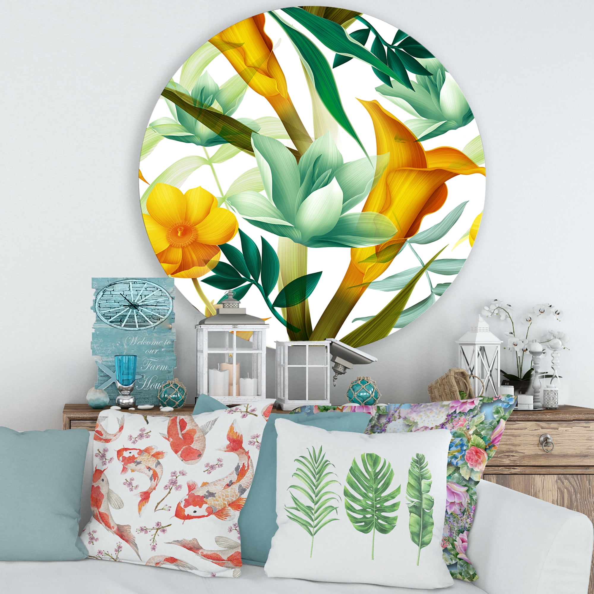 Designart 'Yellow Flowers and Tropical Foliage III' Modern Circle Metal Wall Art 36x36 - Disc of 36