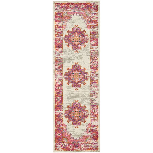 homeroots home decor 385272 2’ x 6' Ivory and Fuchsia Distressed Runner Rug