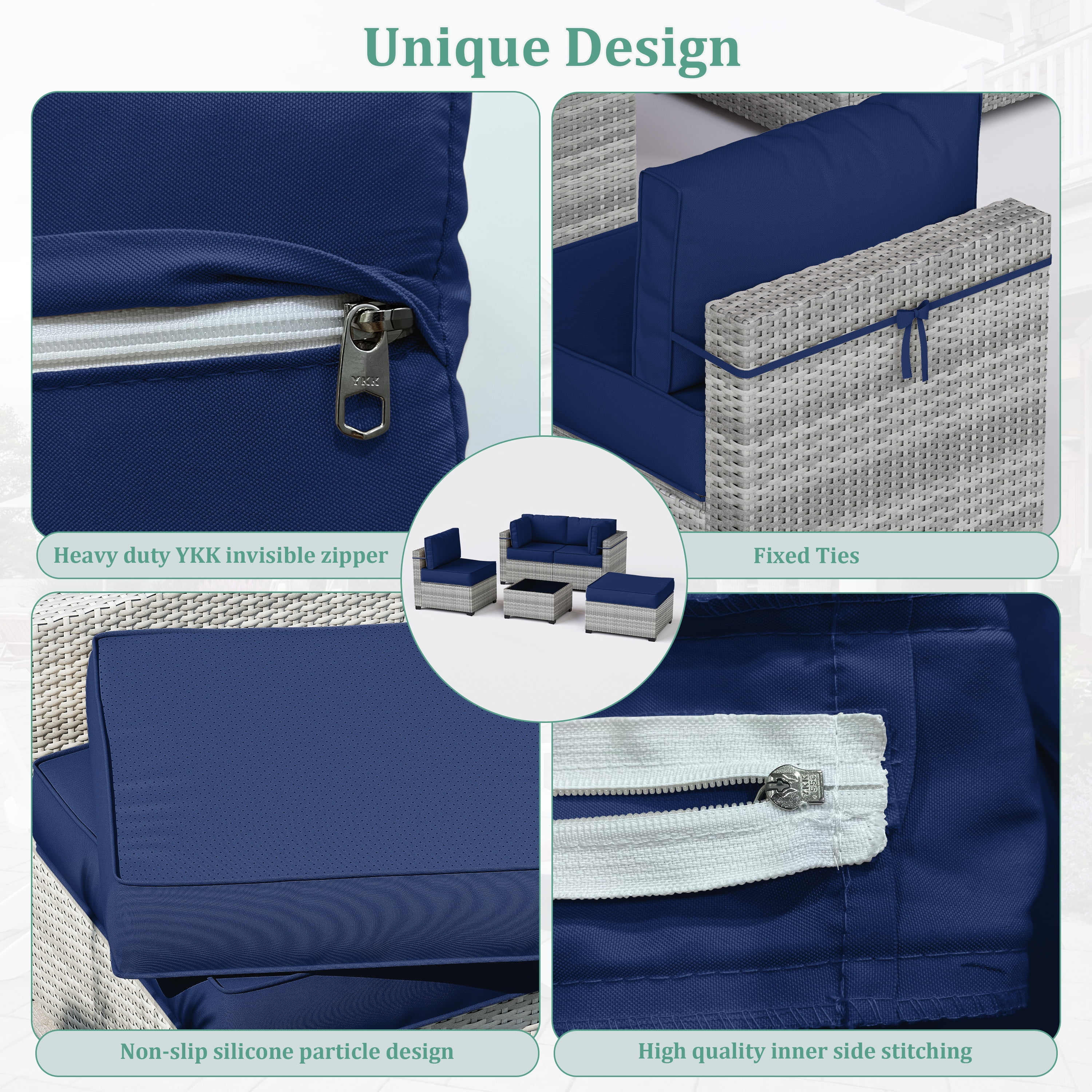 Snubbull Patio Furniture Cushions, Replacement Outdoor Cushions for 4-Seat Sectional Sofa,Waterproof & Zipped, Blue