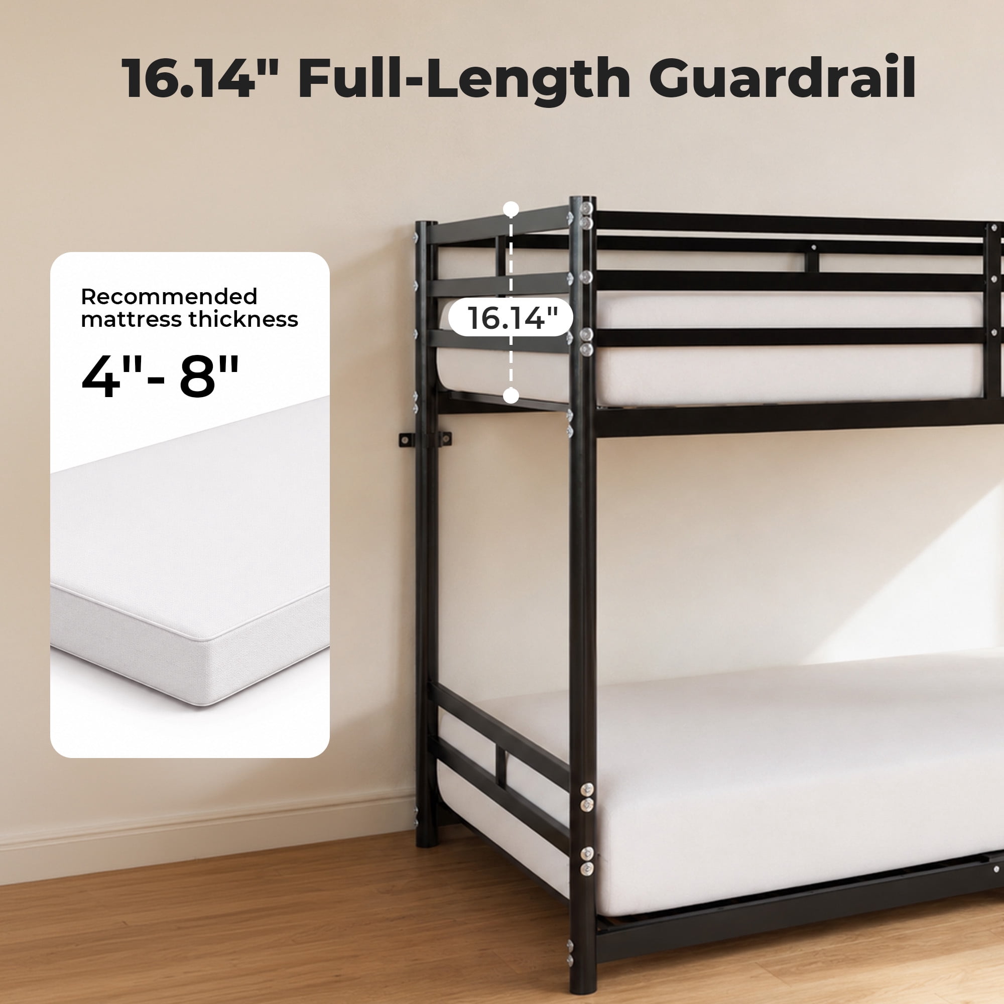 Alvantor Bunk Bed Twin over Twin, Metal Low Bunk Bed for Kids with Ladder and Anti-tip Bracket Black