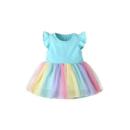 

ZIYIXIN Toddler Baby Girl Dress Toddler Rainbow Printed Sleeveless Tutu Party Dresses Tulle Sundress Blue 3-4 Years