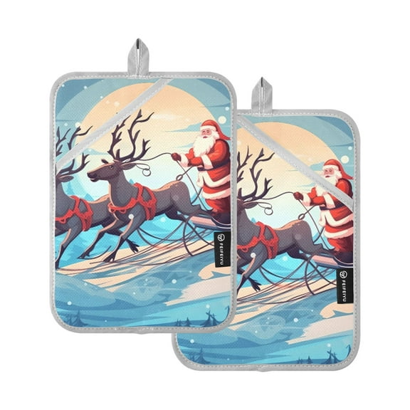 ALAZA Christmas Santa with Deers Pot Holders Set of 2 Heat Resistant Kitchen Oven Mitts