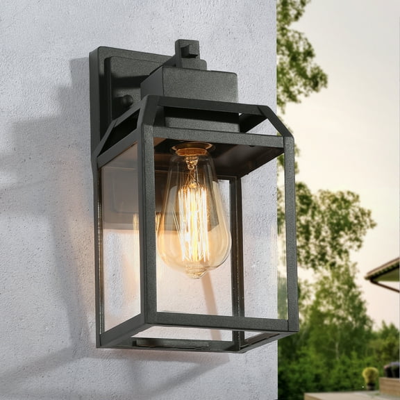 LNC Modern Square Black Outdoor Wall Sconce 1-Light Transitional Textured Black Lantern Sconce with Clear Glass