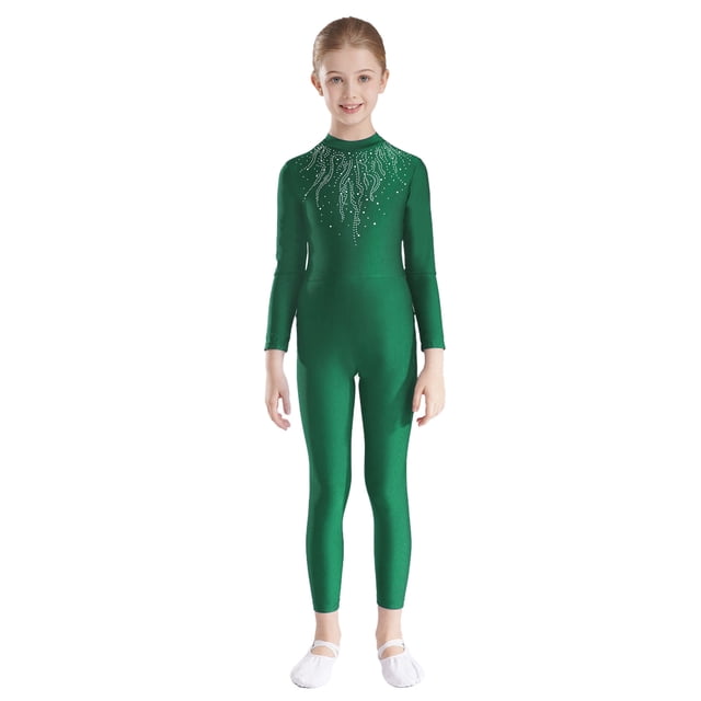 Kaerm Body de Danse pour Filles avec Strass Manches Longues Unitard Extensible Vert 14