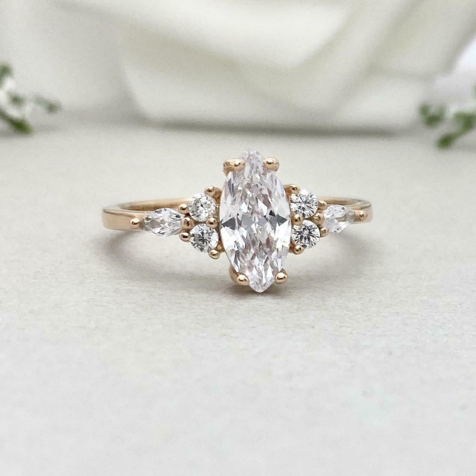 HeartsAndYou 1.4ct Engagement Ring for Women Marquise Cut Moissanite Solitaire Petite 18k Yellow Gold Over Silver