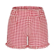 Lovzfmll Shorts for Women, Comfy Gingham Plaid Beach Bottoms with Pockets, Casual Ruffle Hem Lounge Sleep Shorts for Summer Red XL