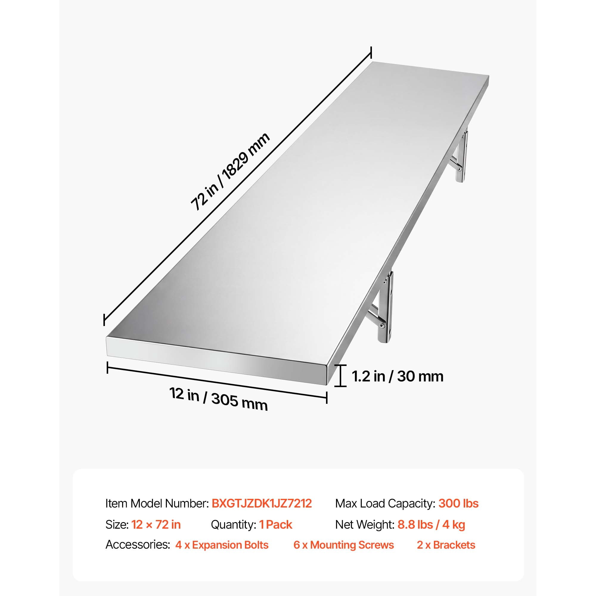 KFFKFF Stainless Steel Foldable Wall Shelf 12" x 72", Durable Commercial Shelving with Brackets, 300 lbs Load Capacity, Easy Maintenance, Ideal for Kitchens, Restaurants, and Garages