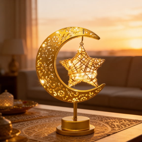 Ramadan Moon Lamp, Crescent Moon with Star Light, Soft Glow Battery Operated Eid Mubarak Lamp, Islamic Table Decor for Home Decorations & Gifts for Friend Family