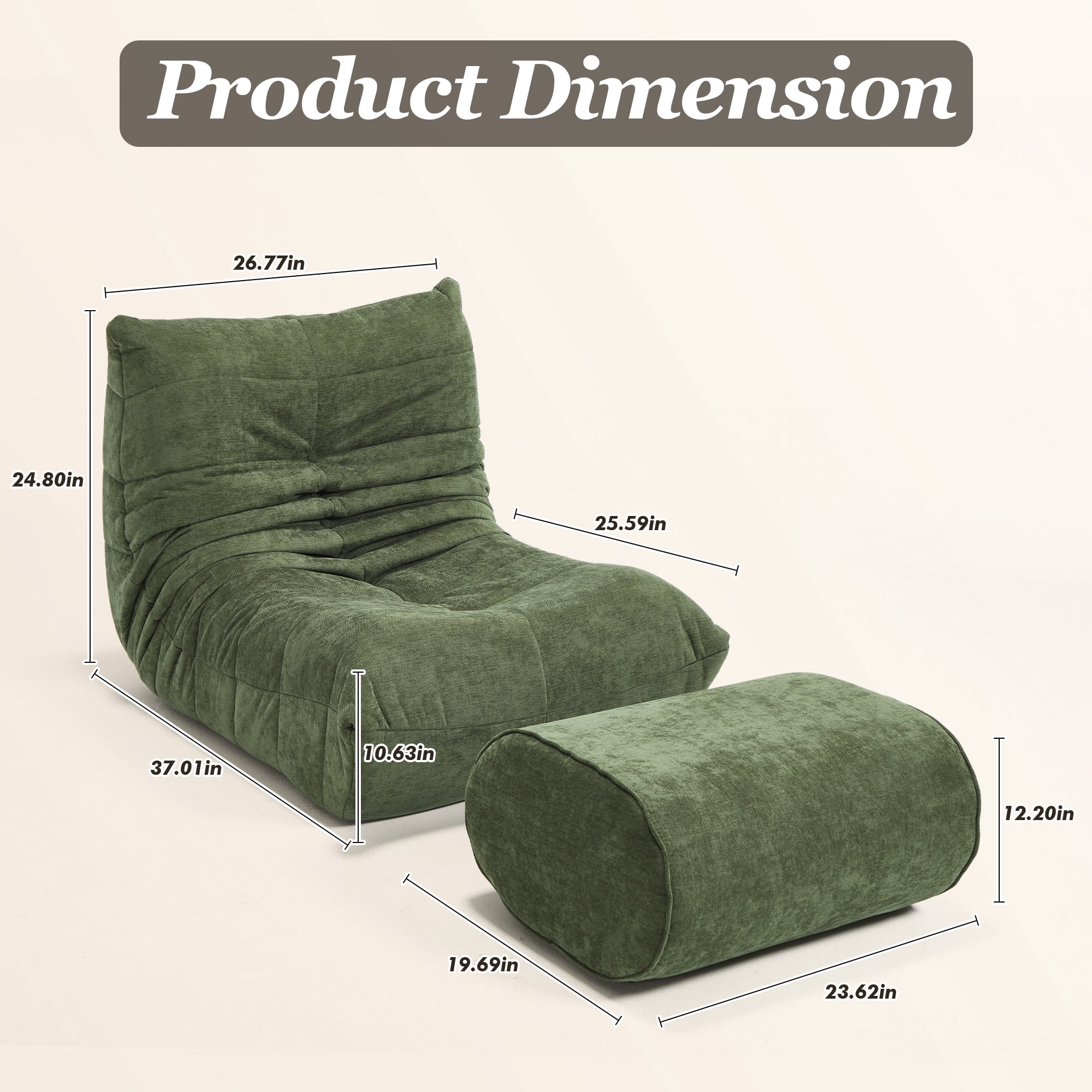 MOONMISS Chenille Fabric Chaise Lounge Chair with Ottoman, Ergonomic Lazy Sofa for Adults, Soft Cloud Couch for Living Room, Bedroom, Green