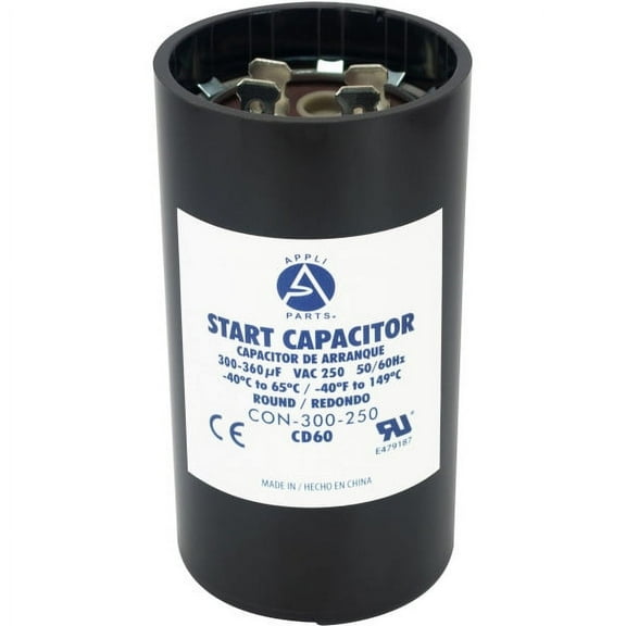 Appli Parts motor start capacitor 300-360 Mfd (microfarads) uF 250 VAC universal fit for electric motor applications 1-3/4 in Diameter 4-3/8 in Height CON-300-250