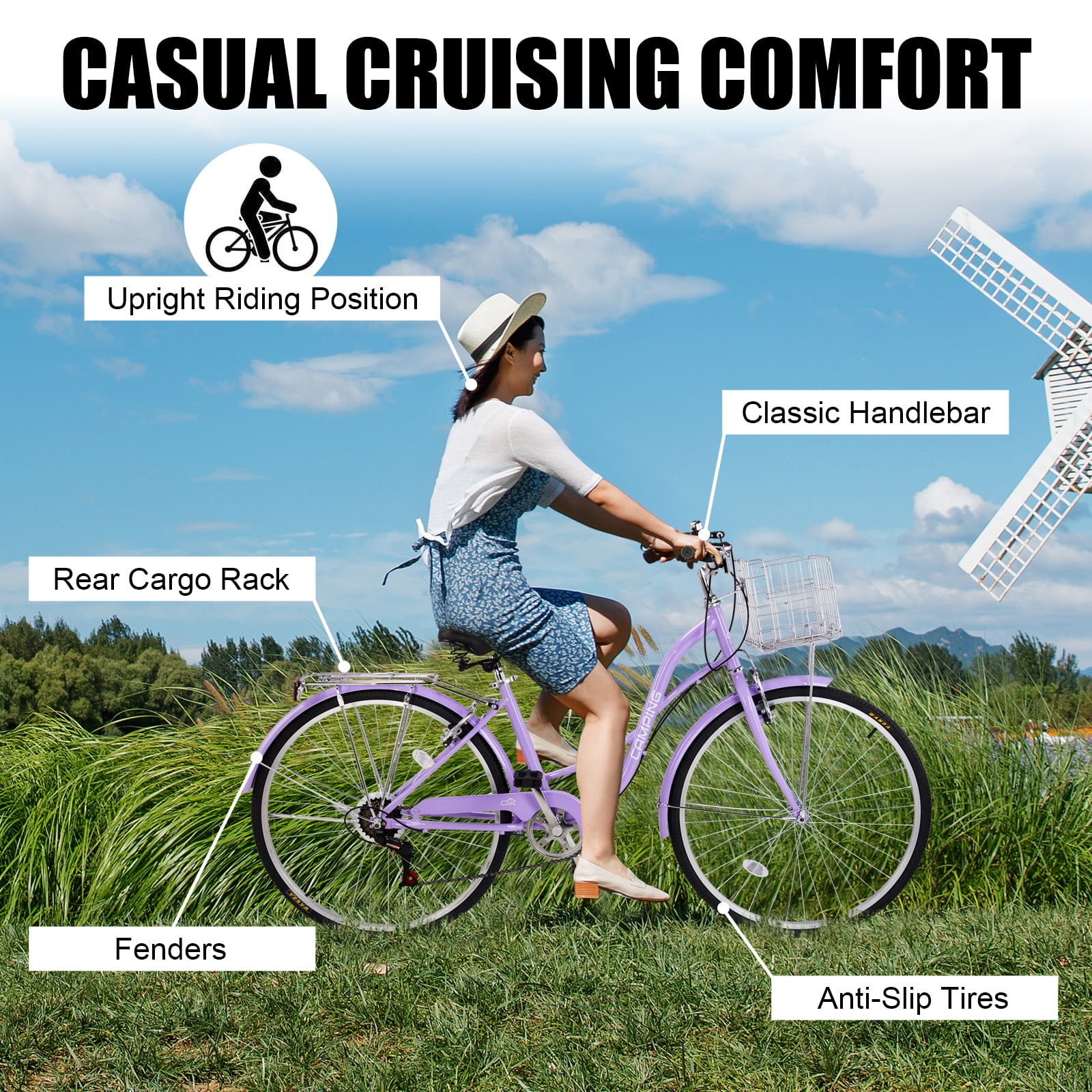 Ktaxon 26" Womens Bike, 7 Speed Beach Cruiser Bike for Adults Women with Basket & Rack, Step Through City Bikes, Purple