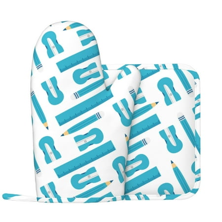 

Oven Mitts and Pot Holders Sets - Math pencil Print blue Heat Resistant Silicone Oven Gloves (Left Glove) with Non-Slip Silicone Surface and hot pads for kitchen Baking Cooking