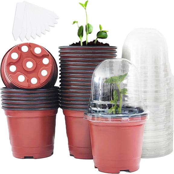 KISPATTI Plant Nursery Pots with Humidity Dome 4" Soft Plastic Gardening Pot Planting Containers Cups with 10pcs Plant Labels, 10 Sets