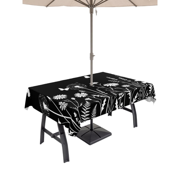 52x70 Inch Outdoor Tablecloth with Umbrella Hole Zipper Rectangle Black White Wildflowers Rectangular Tablecloths Outside Waterproof Farmhouse Dandelions Botanical Patio Table Cloth Cover for Picnic
