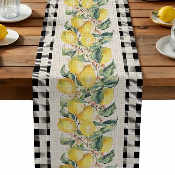 Summer Yellow Lemons Table Runner, Pastoral Fruit Leaf Black Plaid Linen Washable Kitchen Table Runners Dress Scarves for Dining Table Decorations Party, 13x72in