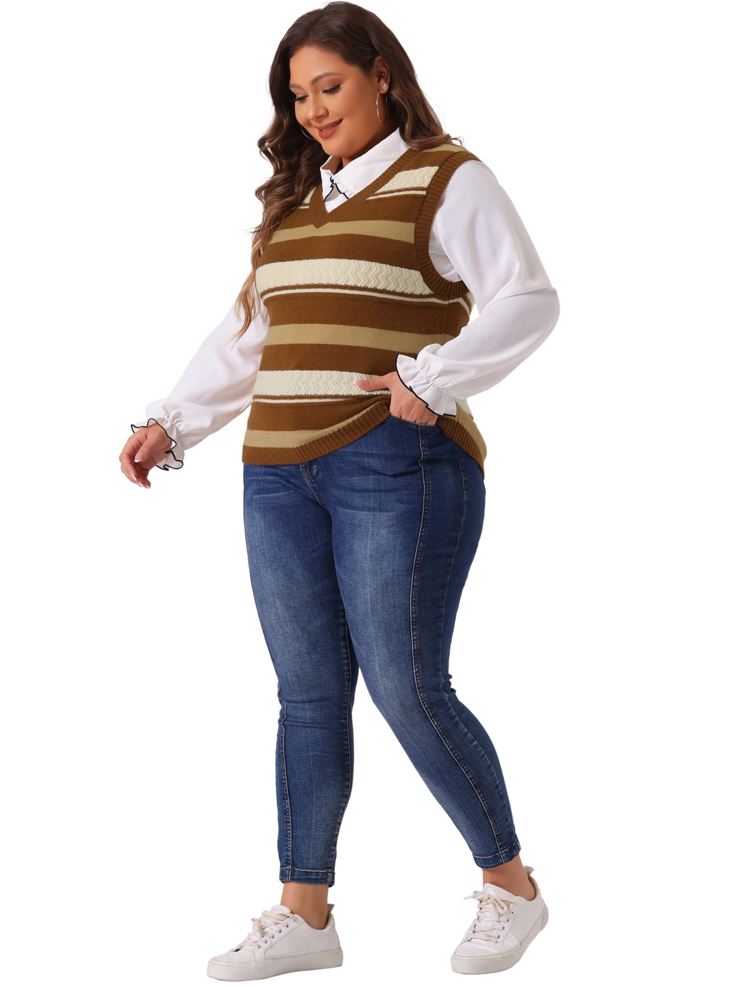 DARING DIVA Women's Plus Size V Neck Striped Knit Sweater Vests 4X Brown