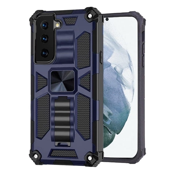 Machine Shield Case for Samsung Galaxy S21 FE (Heavy Duty Shockproof Protective Armor with Magnetic Kickstand) and Keychain Touch Tool - Blue