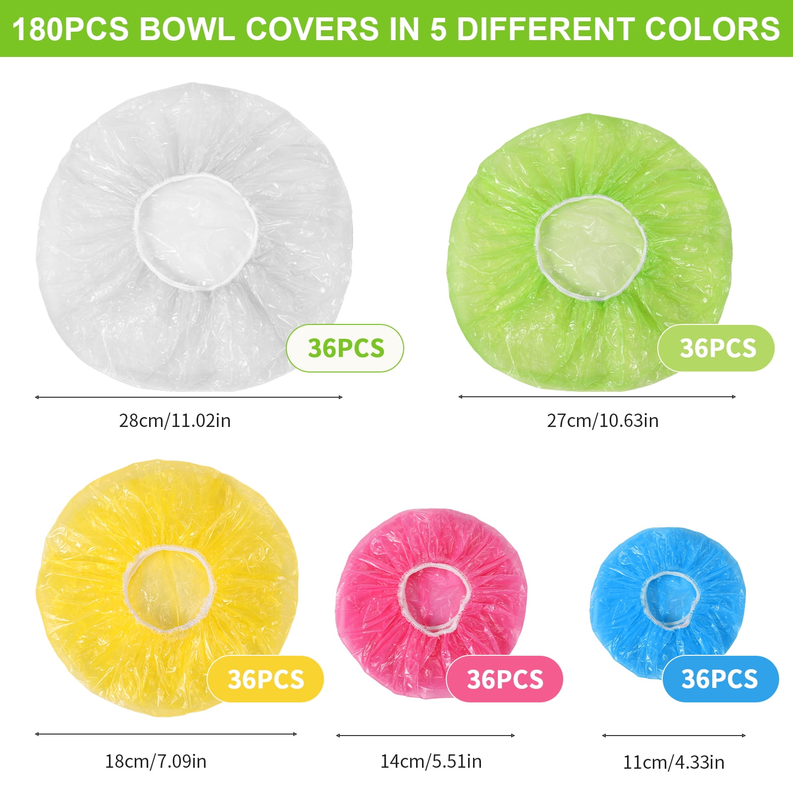 Topekada 5 Size Bowl Covers Reusable, 180Pcs Plastic Bowl Covers, Elastic 5 Translucent Stretchable Sizes and Colorful Dish Plate Covers for Family Outside Picnic Leftovers