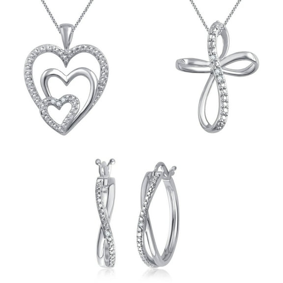 Brilliance Fine Jewelry 18kt White Gold-Plated Brass Diamond Accent Silver Tone with Heart Pendant, Cross Pendant & Hoop Earrings, One Size