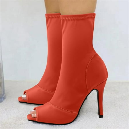 

Yilirongyumm Red 38 High Heels For Women Shoes Solid Color Casual Elastic Fabric Side Zipper Square Toe Stiletto Fish Mouth High Heels