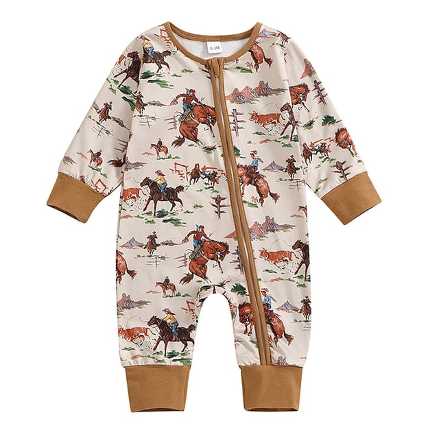 Combinaison à Manches Longues à Imprimé Vache Western pour Garçons - Tenue de Pyjama pour Bébé et Tout-Petit Printemps Automne
