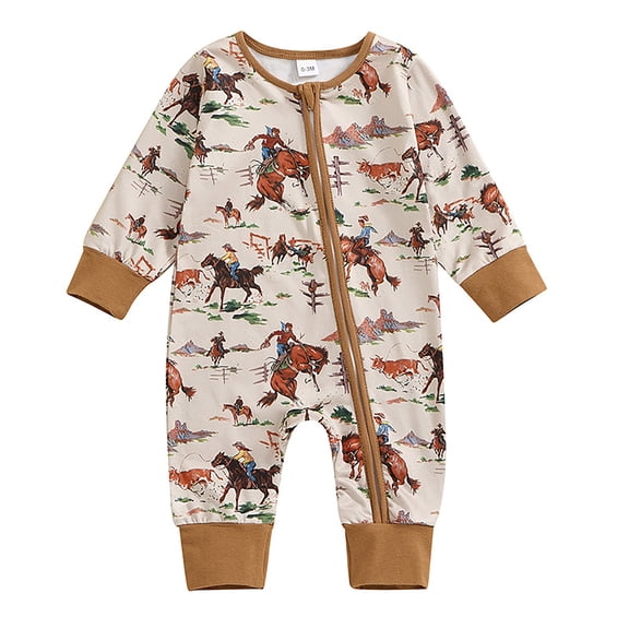 Boys Baby Jumpsuit Cowboy Cactus Print Long Sleeve Long Leg Crewneck Romper Front Zipper Contrast Trim For Infant Daily Wear
