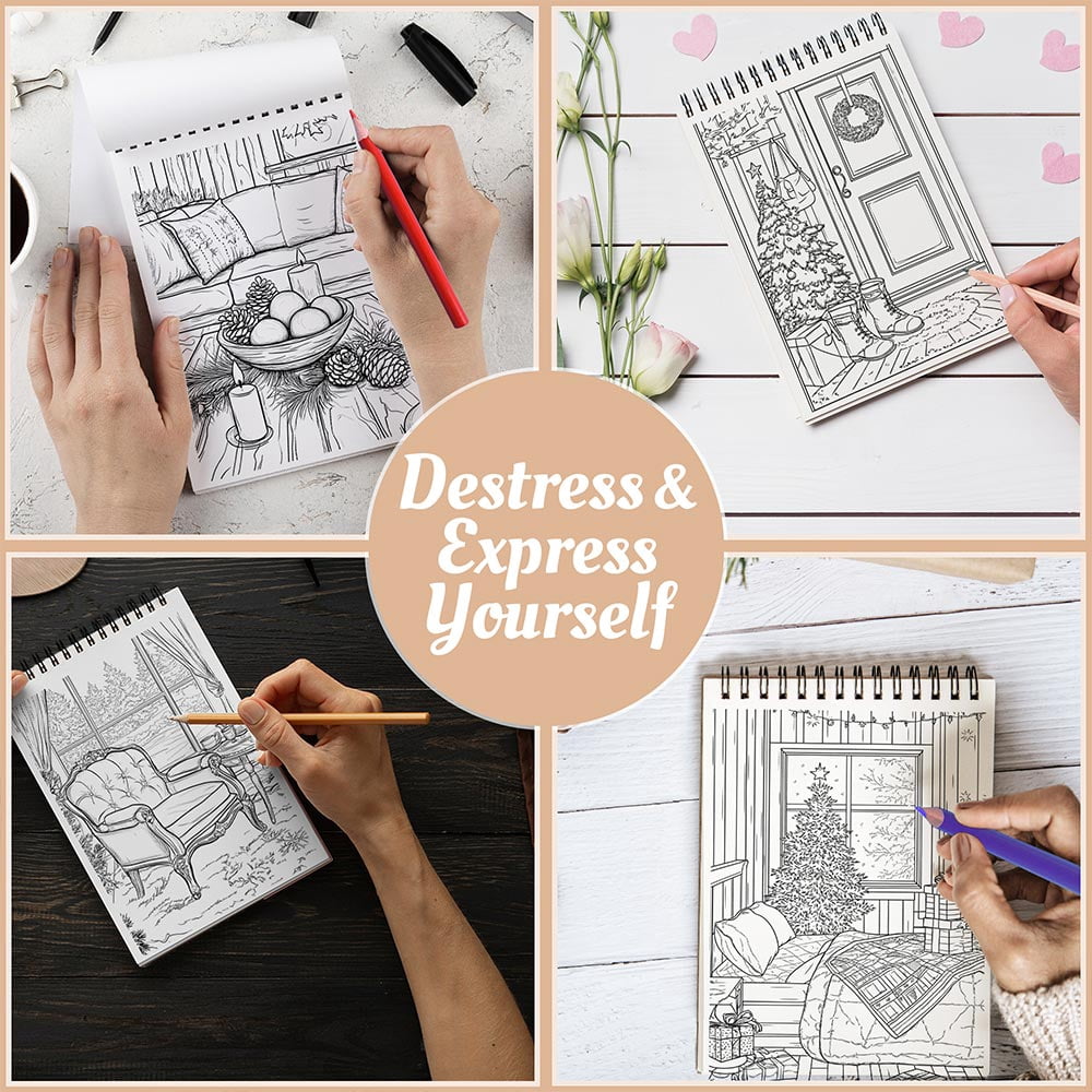Netecom Cozy Winter Coloring Book Spiral Bound for Adults, A5 Wooden Cover, 30 Beautiful Coloring Pages of Warm Holiday for Stress Relief and Relaxation