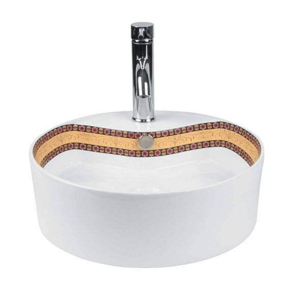 Mosaic 18" Round Countertop Vessel Bathroom Sink White Floral Accented w/Overflow Renovator's Supply