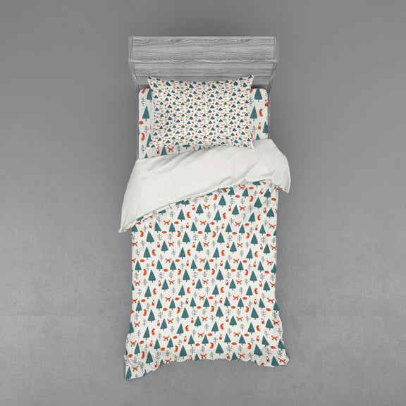 Ambesonne Fox Bedding Set 3 Pcs, Snowy Winter Day in Forest, Twin XL, Teal Orange Black