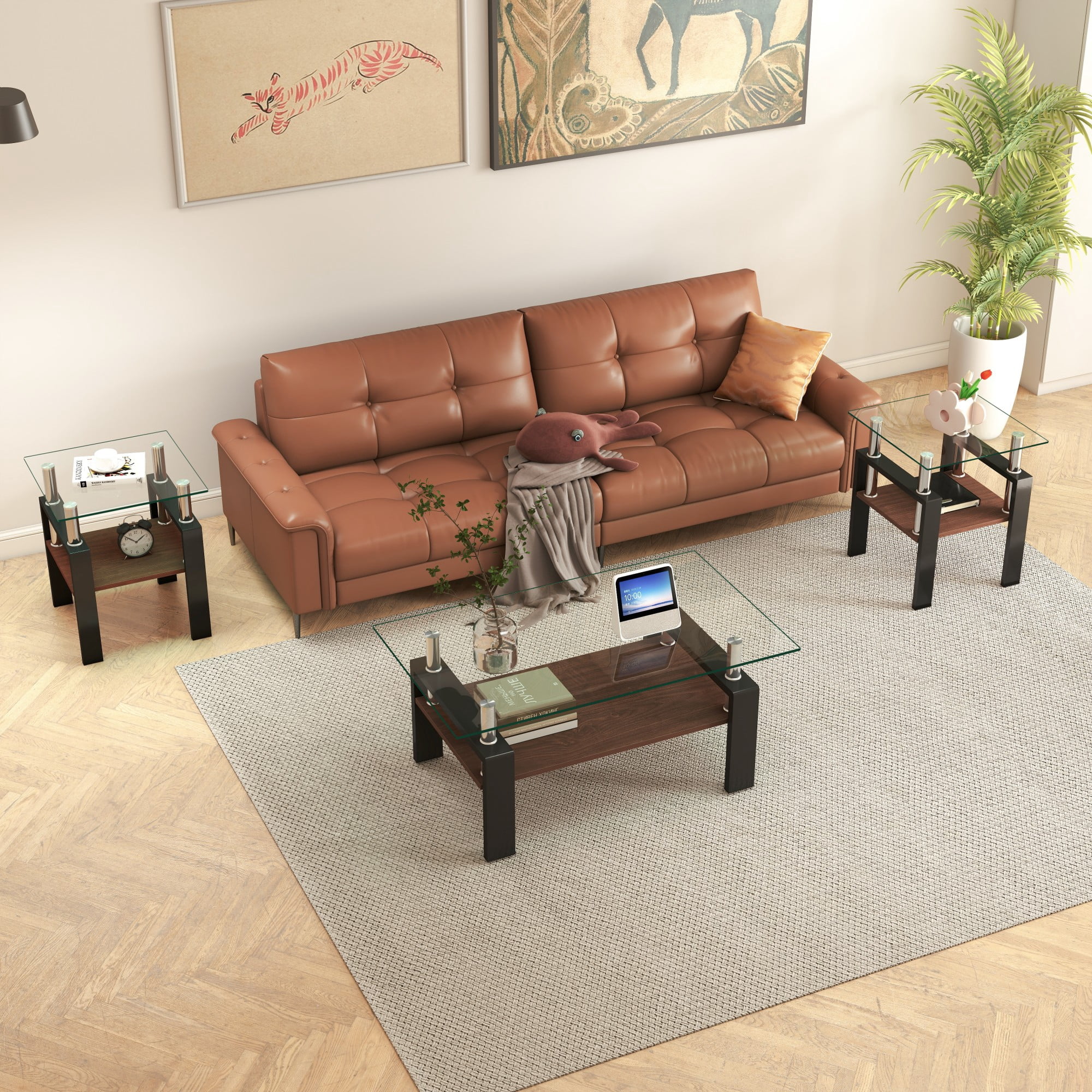 Euroco Set of 2 Modern Tempered Glass Tea Table,Tempered Glass Tabletop with MDF Layer,Coffee Table,End Table, Square Table for Living Room, Transparent/Black