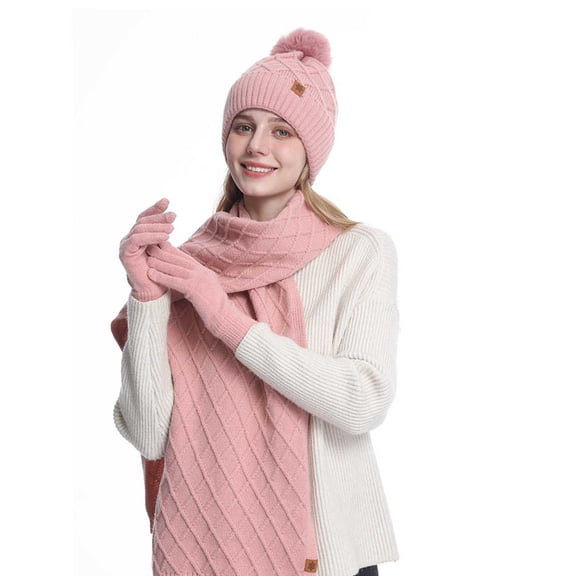 Anhility Winter Beanies Hat Scarf Gloves Set for Women Casual Solid Color Pom Beanie Hats Long Scarf Knit Soft Gloves New Year Birthday Christmas Mom Gifts for Mom Wife and Co-workers, Pink