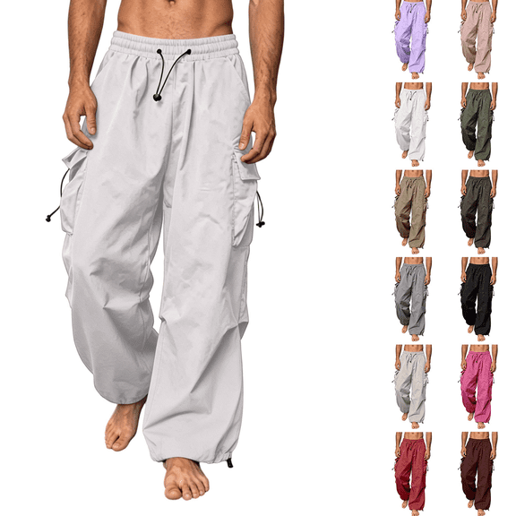 FEIIBMOYRIA Casual Pants for Men with Pockets Men's Lightweight Solid Color Drawstring Cargo Pants Fashion Elastic Waist Straight Leg Baggy Pants