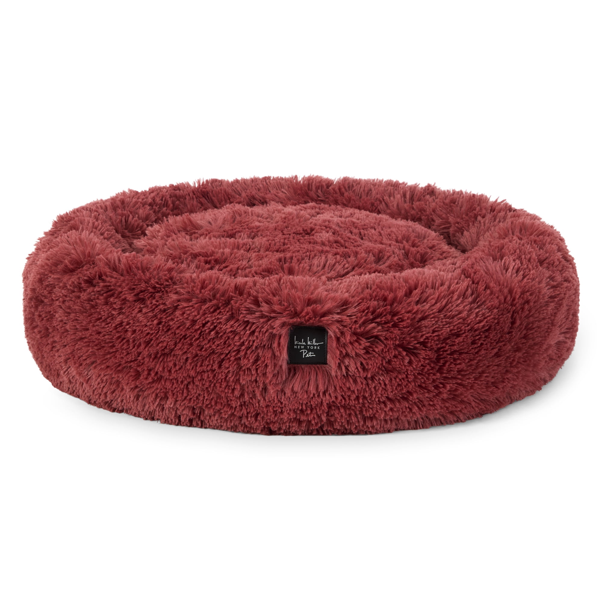 NICOLE MILLER NEW YORK PET Ellie Fuzzy Solid Donut Pet Bed, Plush, Cozy & Calming, Water Repellent, Non-Slip Bottom, 100% Machine Washable, Burgundy Rose, Medium 28"x28"x7" Round
