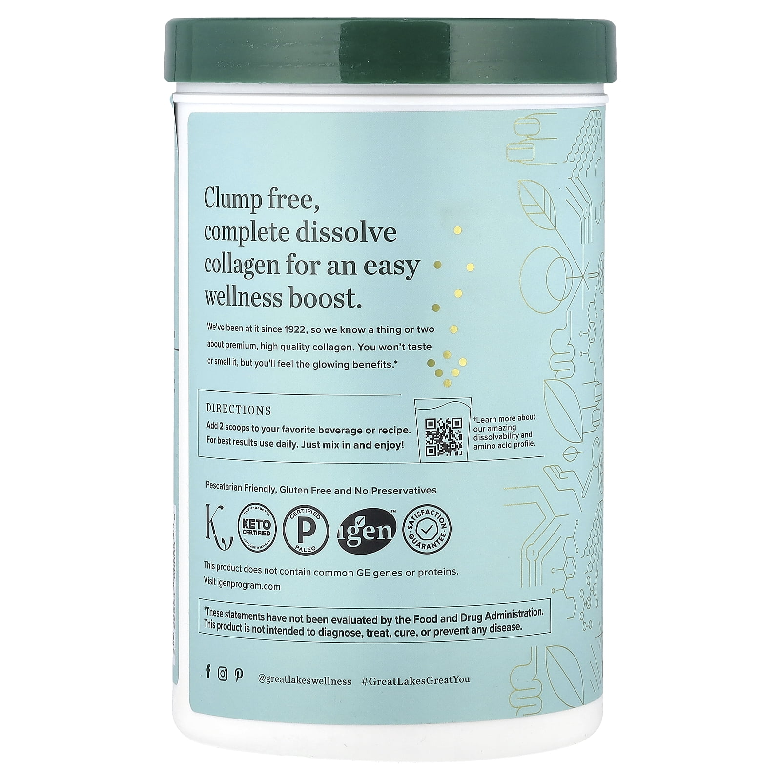 Great Lakes Wellness Sustainable Marine Collagen Peptides, Unflavored, 16 oz (454 g)