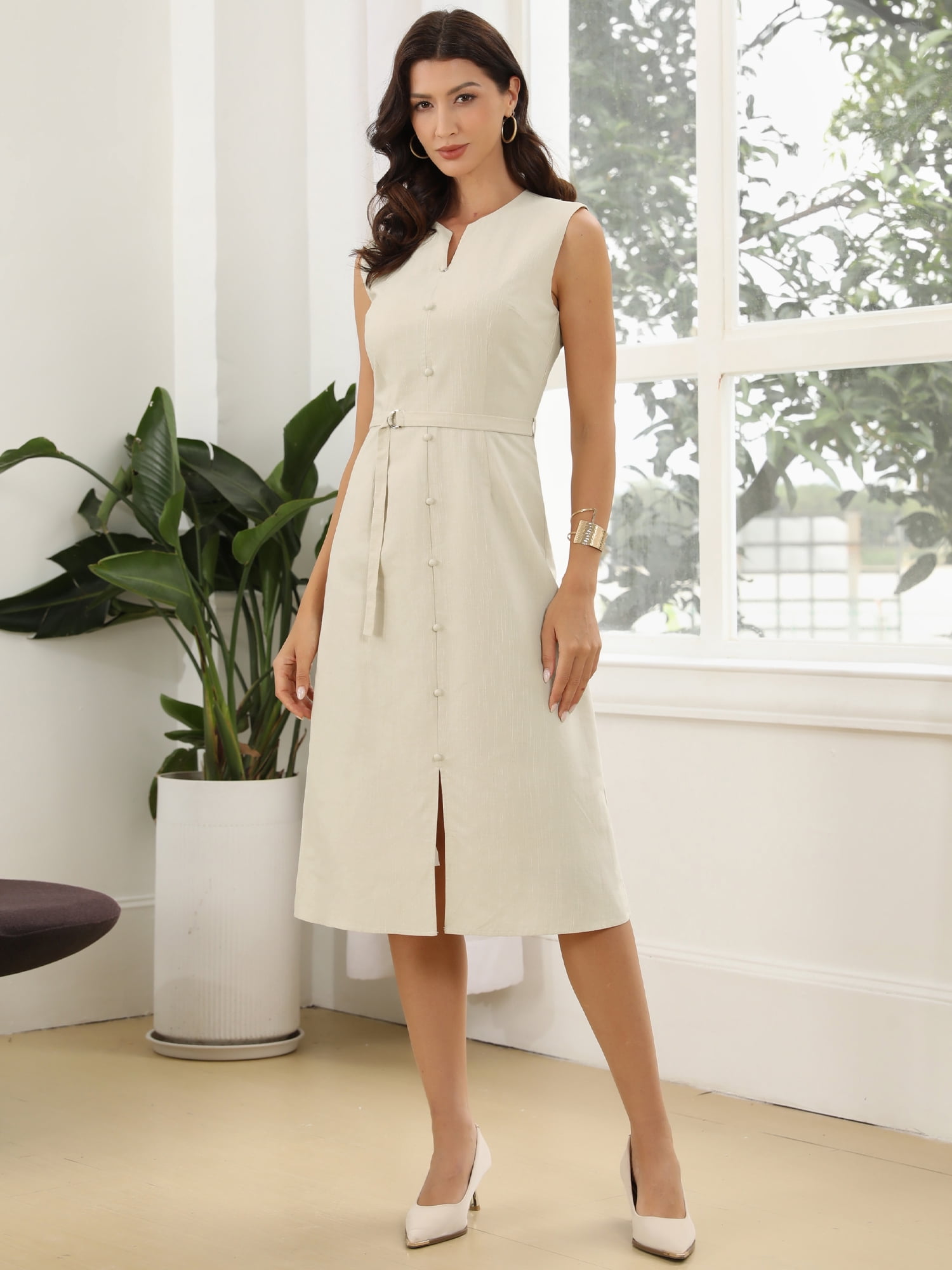 DARING DIVA Women's Linen A-Line Sleeveless Crew Neck Business Work Dresses XL Apricot