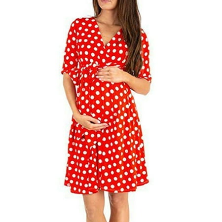 

Summer Women Polka Dot Pregnant Clothes With Adjustable Wasit Strap Pregnant Maternity Dresses L Red Dots On White