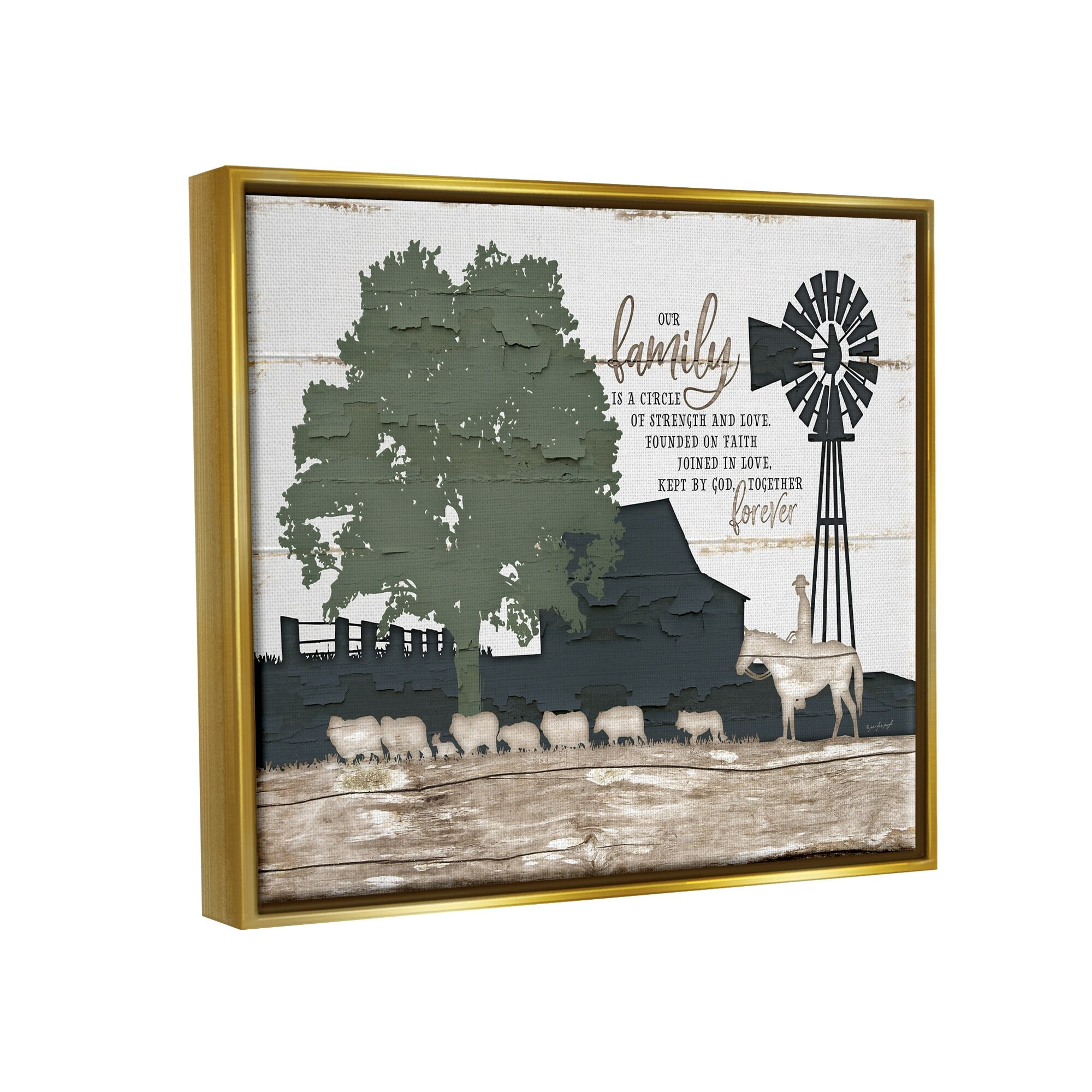 Stupell Industries Our Family Is A Circle of Strength Farm Homestead Silhouette Metallic Gold Framed Floating Canvas Wall Art, 24x30, by Jennifer Pugh