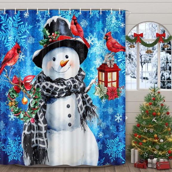 Blue Christmas Shower Curtain, Merry Christmas Snowflake Shower Curtain Set, Winter Cute Snowman Christmas Shower Curtains for Bathroom, Merry Xmas Christmas Bathroom Bathtubs Decor 70X70IN