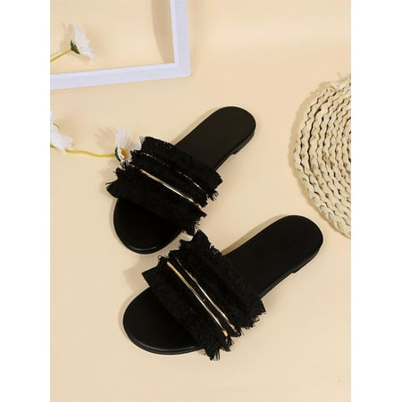 

Women s Metal Fringe Design Open Toe Flat Slide Sandals Casual Summer Fashion Walking Slippers Shoes Black EUR40(9)