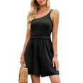 thumbnail image 2 of Wycnly Womens Jumpsuits One Shoulder Elastic Waist Spaghetti Strap Mini Jumpsuits Casual Solid Slash Neck Sleeveless Short Summer Rompers Black xl, 2 of 7