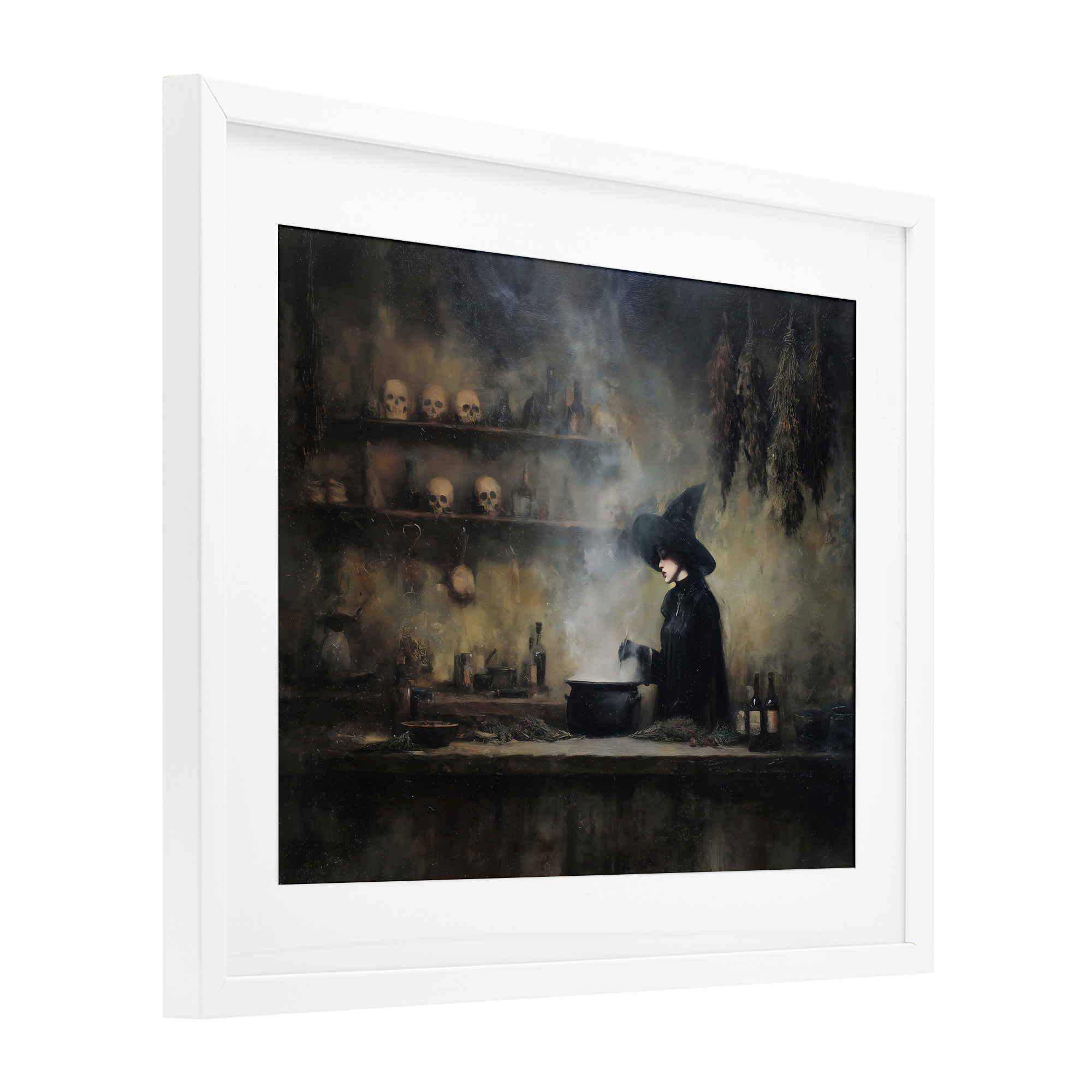 Witch's Cauldron Brew White Framed Print Under Glass, design by Arlington Prints