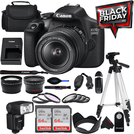 Canon EOS 2000D (Rebel T7) DSLR Camera with EF-S 18-55mm f/3.5-5.6 Lens - PixiBytes Deluxe Bundle - Includes: 2x SanDisk Ultra 64GB SDHC Memory & So Much More