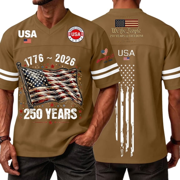 Vamuko 250th Anniversary Shirt Mens Short Sleeve Graphic 4th Of July Tees Independence Day Round Neck Big and Tall Shirts We the Peaple Red Blue and White Tshirts Brown 3XL
