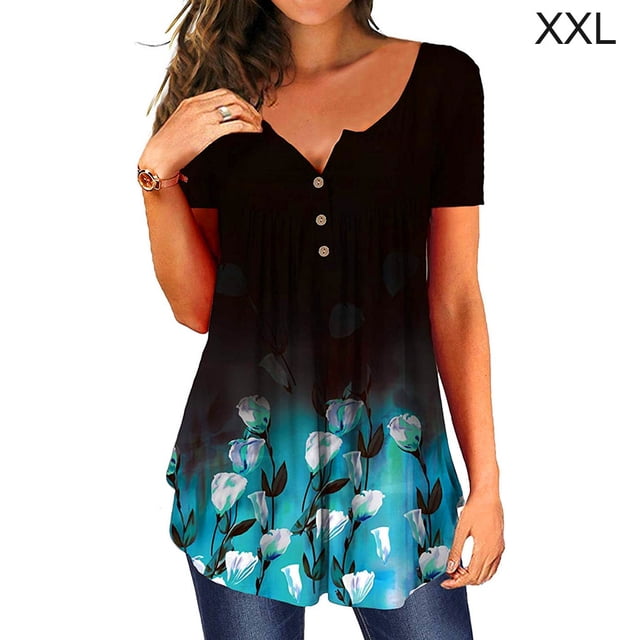 Camiseta de mujer Blusa informal Cuello en V Manga corta Botón Top, Negro Azul, XXL Vogacara AP001374-20