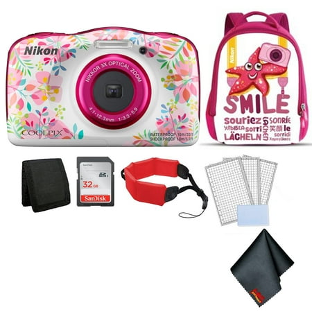 Nikon Coolpix W150 Kid-Friendly Rugged Waterproof Digital Camera (Flower) Bundle with Pink Backpack + 32GB SanDisk Memory Card + More (Intl (Best Rugged Waterproof Camera)
