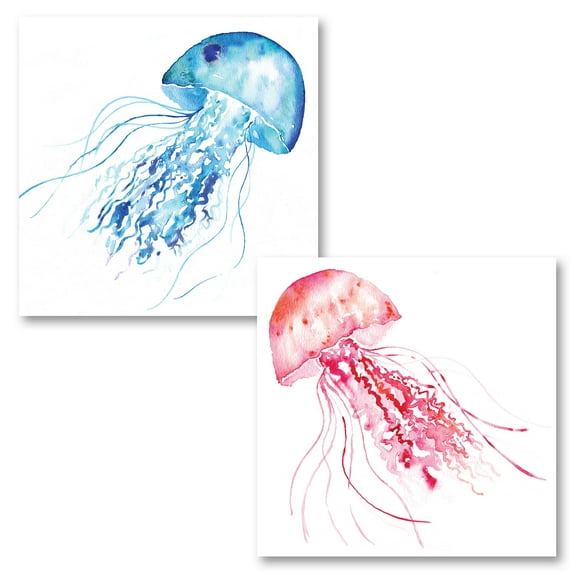 Nautical Pink and Blue Watercolor Jellyfish Adult Coastal Decor; 2 - 12" x 12" Unframed Posters